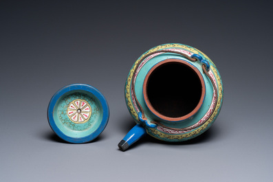 A Chinese enamelled Yixing stoneware teapot and cover, 19th C.