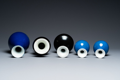 Five Chinese monochrome black- and blue-glazed vases, 19/20th C.