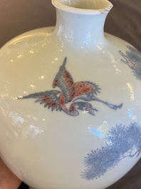 A Chinese blue, white and copper-red 'meiping' vase with cranes, Yongzheng mark, 19/20th C.