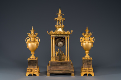 An impressive three-piece gilt bronze chinoiserie clock garniture, France, 19th C.