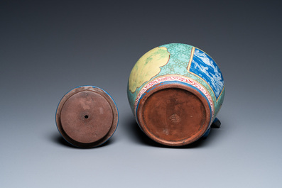 A Chinese enamelled Yixing stoneware teapot and cover, 19th C.