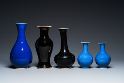 Five Chinese monochrome black- and blue-glazed vases, 19/20th C.