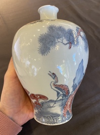 A Chinese blue, white and copper-red 'meiping' vase with cranes, Yongzheng mark, 19/20th C.