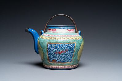 A Chinese enamelled Yixing stoneware teapot and cover, 19th C.