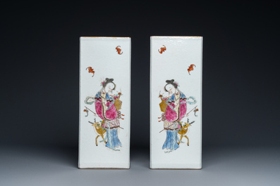 A pair of Chinese square famille rose 'Wu Shuang Pu' hat stands, Daoguang mark, 20th C.