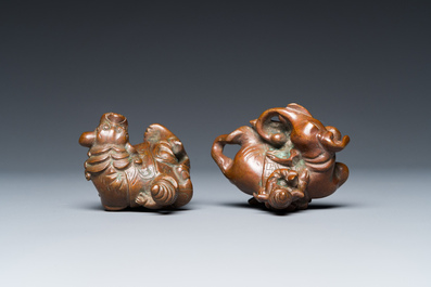 Two Chinese bronze scroll weights with Sogdian riders on a Buddhist lion and an elephant, Qing