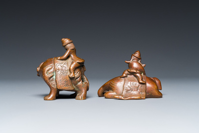 Two Chinese bronze scroll weights with Sogdian riders on a Buddhist lion and an elephant, Qing