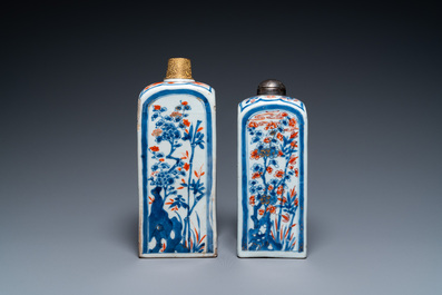 Two Chinese Imari-style square bottles with metal mounts, Kangxi