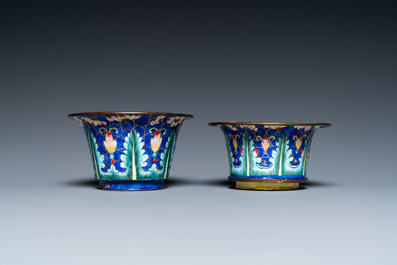 Two Chinese Canton enamel blue-ground bowls, Qianlong/Jiaqing
