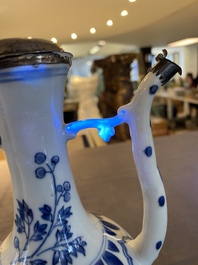 A Chinese blue and white silver-mounted ewer, Transitional period