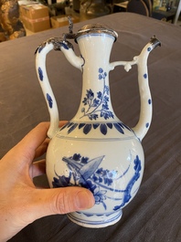 A Chinese blue and white silver-mounted ewer, Transitional period