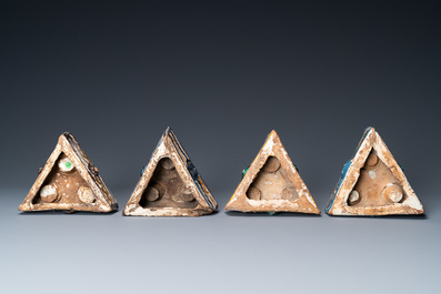 Four Spanish polychrome triangular spice boxes, Talavera, 18th C.