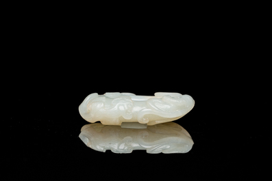 A Chinese 'twin chilong&rsquo; white jade circular pendant, Qing