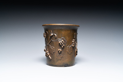 A Chinese bronze 'squirrel on grapevine' brush pot, Qianlong mark, 18/19th C.