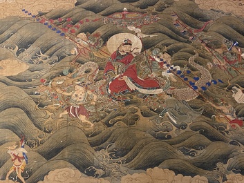Chinese school: 'The 33-headed Avalokitesvara', ink and colour on silk, 19/20th C.