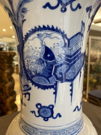 An unsual Chinese blue and white 'yenyen' vase with antiquities, Kangxi