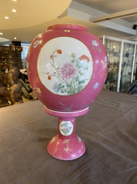 A Chinese famille rose pink sgraffito-ground lantern on stand, Republic