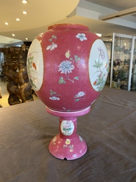 A Chinese famille rose pink sgraffito-ground lantern on stand, Republic