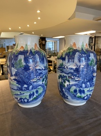 A pair of Chinese famille verte vases with fine landscapes, Yongzheng mark, 19/20th C.