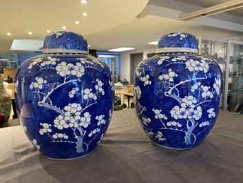 Een paar Chinese blauw-witte dekselpotten, 19e eeuw