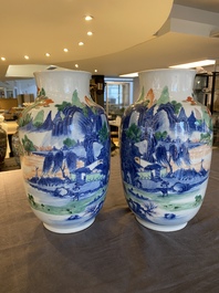 A pair of Chinese famille verte vases with fine landscapes, Yongzheng mark, 19/20th C.