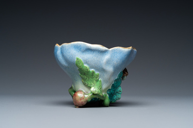 A Chinese enamelled porcelain brush washer in the shape of a lotus with a bird on a branch, Yongzheng