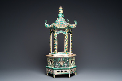 A rare Chinese verte biscuit pagoda on stand, 19th C.