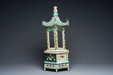 A rare Chinese verte biscuit pagoda on stand, 19th C.