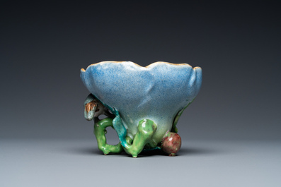 A Chinese enamelled porcelain brush washer in the shape of a lotus with a bird on a branch, Yongzheng