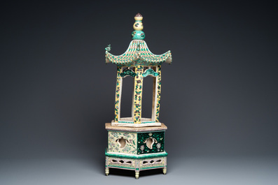 A rare Chinese verte biscuit pagoda on stand, 19th C.