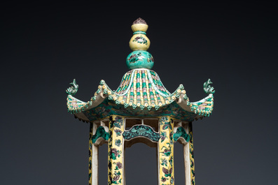 A rare Chinese verte biscuit pagoda on stand, 19th C.