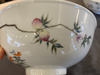 Two Chinese famille rose 'magpie and peaches' bowls, Xuantong marks but probably Republic