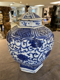 A Chinese hexagonal blue and white 'lotus scroll' vase and cover, Wanli