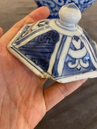 A Chinese hexagonal blue and white 'lotus scroll' vase and cover, Wanli