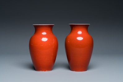 A pair of Chinese coral red-glazed vases, 18/19th C.