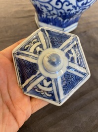 A Chinese hexagonal blue and white 'lotus scroll' vase and cover, Wanli