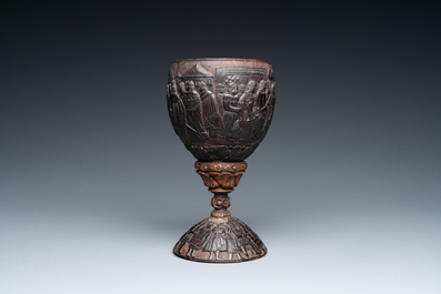 A Spanish colonial carved corozo and coconut marriage cup, probably Cuzco, Peru, 17th C.