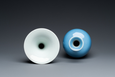 Two Chinese monochrome blue-glazed vases, Kangxi and Guangxu marks, 19/20th C.