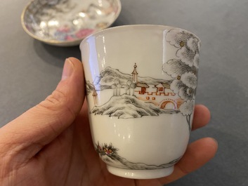 A Chinese famille rose 'erotical subject' cup and saucer, Yongzheng/Qianlong