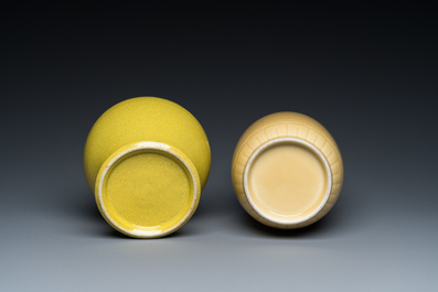 Two Chinese monochrome yellow vases and a covered box, 19/20th C.