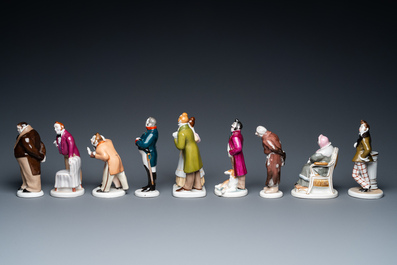 Nine Russian porcelain figures from Gogol's 'Dead souls' and 'The Government Inspector', Lomonosov, 20th C.