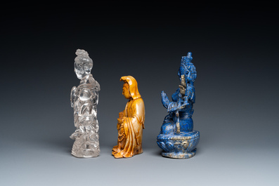 Sculpture de Bouddha en lapis lazuli et deux de Guanyin en pierre &agrave; savon et cristal de roche, Chine, 19/20&egrave;me