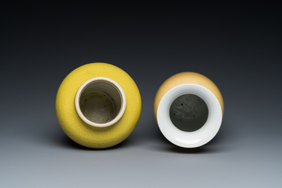Two Chinese monochrome yellow vases and a covered box, 19/20th C.