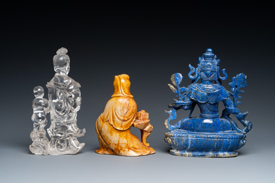 A Chinese lapis lazuli sculpture of Buddha and two of Guanyin in rock crystal and soapstone, 19/20th C.