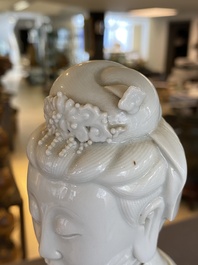 A tall Chinese Dehua blanc de Chine Guanyin, seal mark, Qing