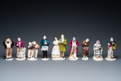 Nine Russian porcelain figures from Gogol's 'Dead souls' and 'The Government Inspector', Lomonosov, 20th C.