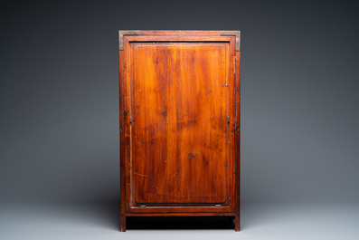 A small Chinese open-worked carved wooden cabinet with marble insets, 19th C.