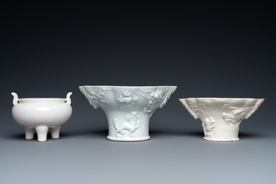 A Chinese blanc de Chine censer and two libation cups, 19/20th C.