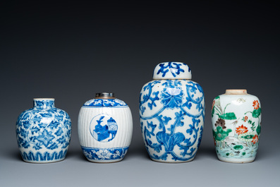 Three Chinese blue and white vases and one in famille verte, Kangxi and later