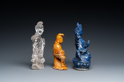 A Chinese lapis lazuli sculpture of Buddha and two of Guanyin in rock crystal and soapstone, 19/20th C.